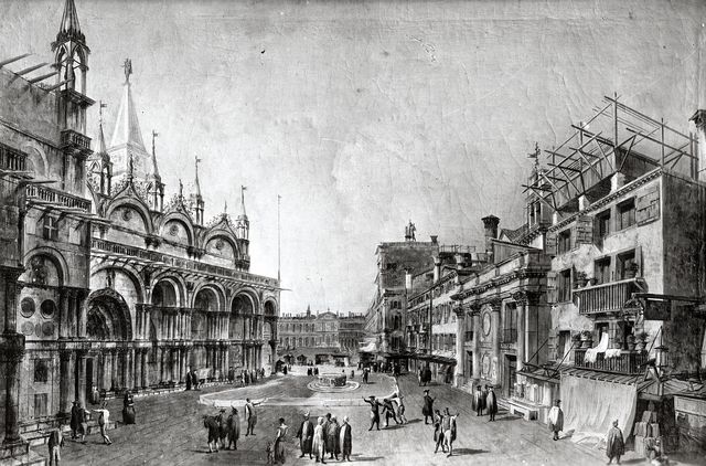 Bildarchiv Foto Marburg — Budapest. Mus. f. bild. Kunste. Giovanni Antonio da Canale gen. Canaletto. Die Piazza del Orologio in Venedig — insieme